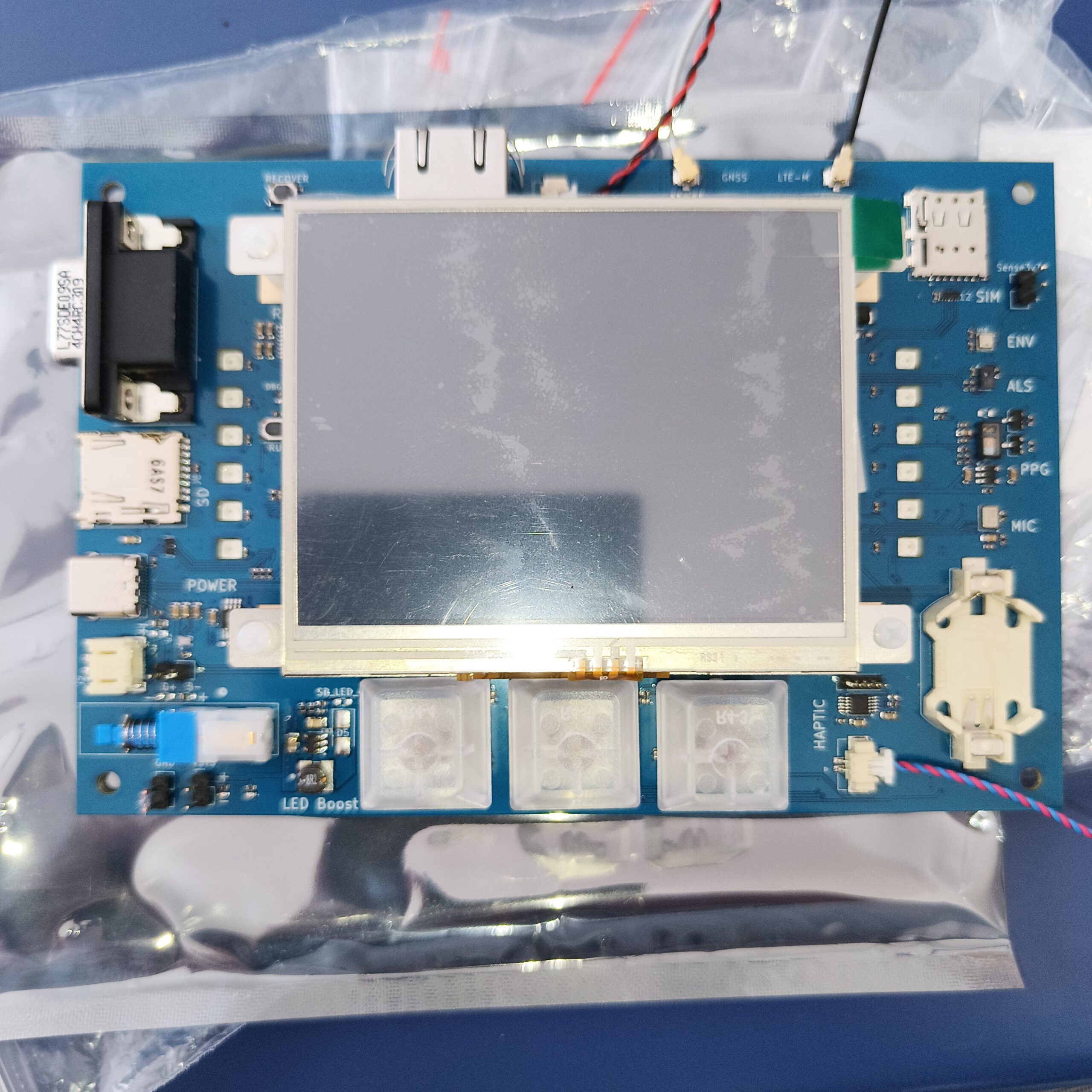 Current Sensory Shuttle prototype circuit board with screen, buttons, connectors and labelled sensors.