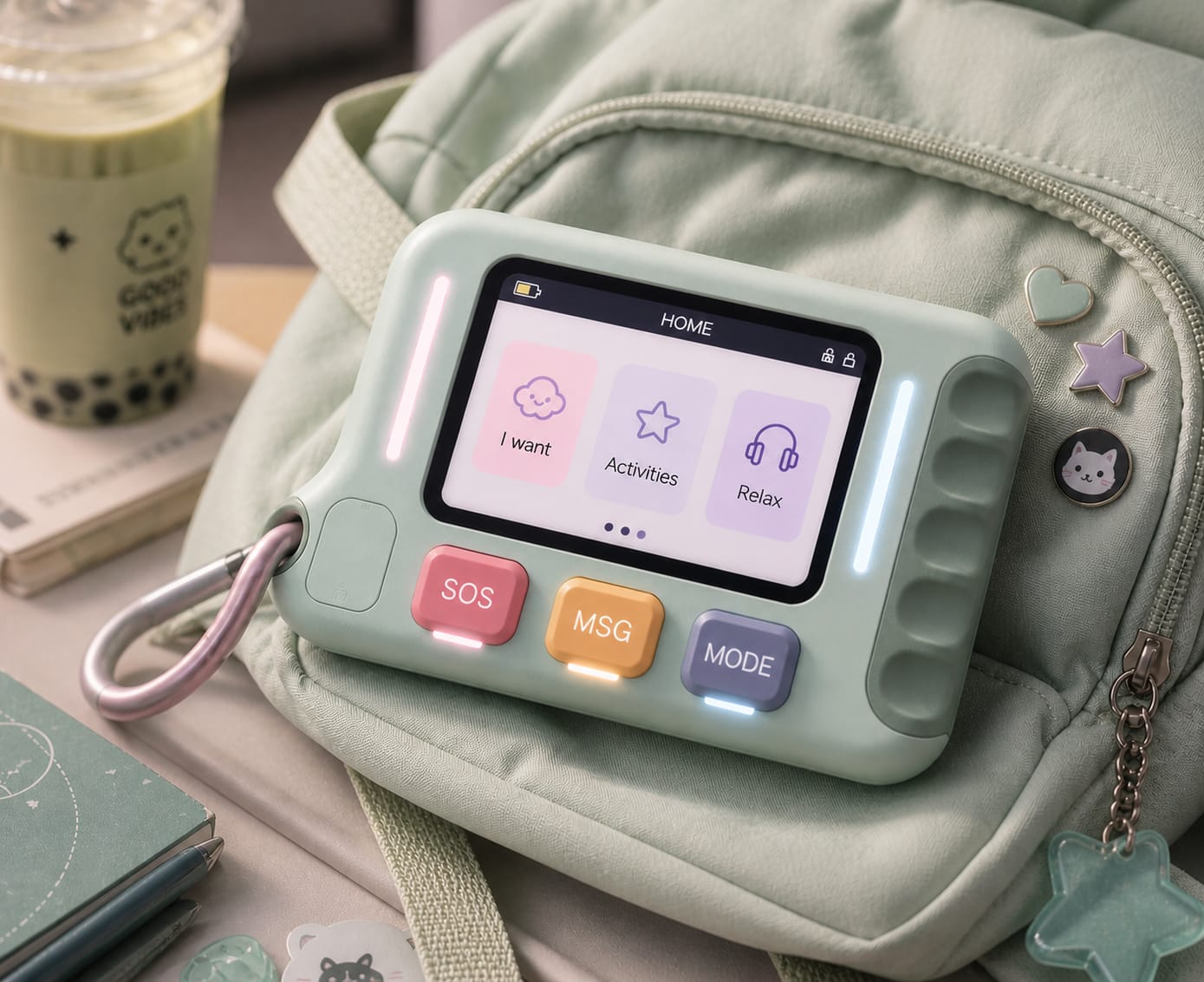 Concept render of the Sensory Shuttle handheld device in a mint green enclosure on a bag.